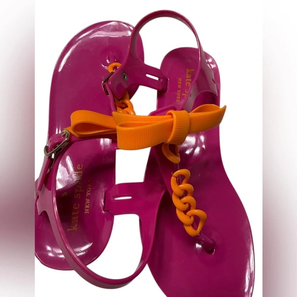 KATE SPADE NEW YORK JELLY SANDALS SIZE 5 PINK ORANGE BOW CHAIN ANKLE STRAP FLATS - Picture 5 of 10